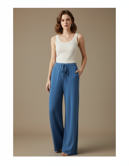 Pantalon Fluide Bleu Maille Ample Cordon Femme