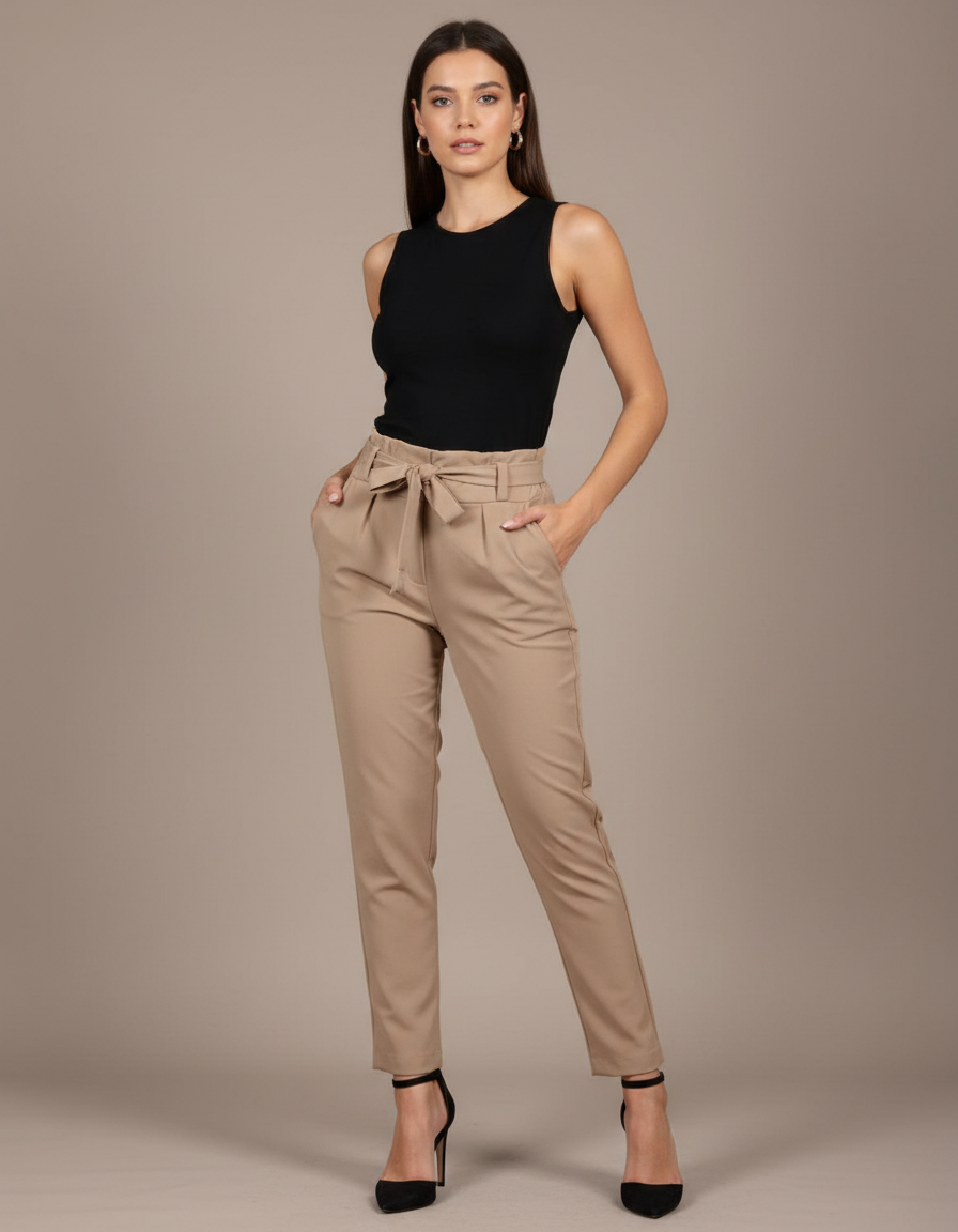 Pantalon Fluide Beige Taille Haute Ceinturé Élégant - Polyester