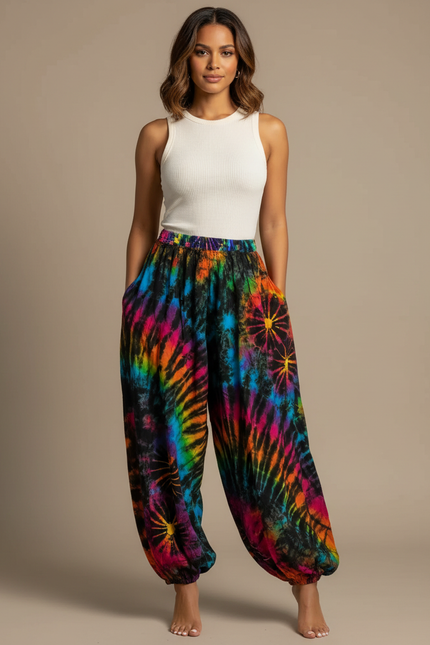 Pantalon Fluide Tie Dye Ample Coloré Bohème Hippie - Multicolore Coton
