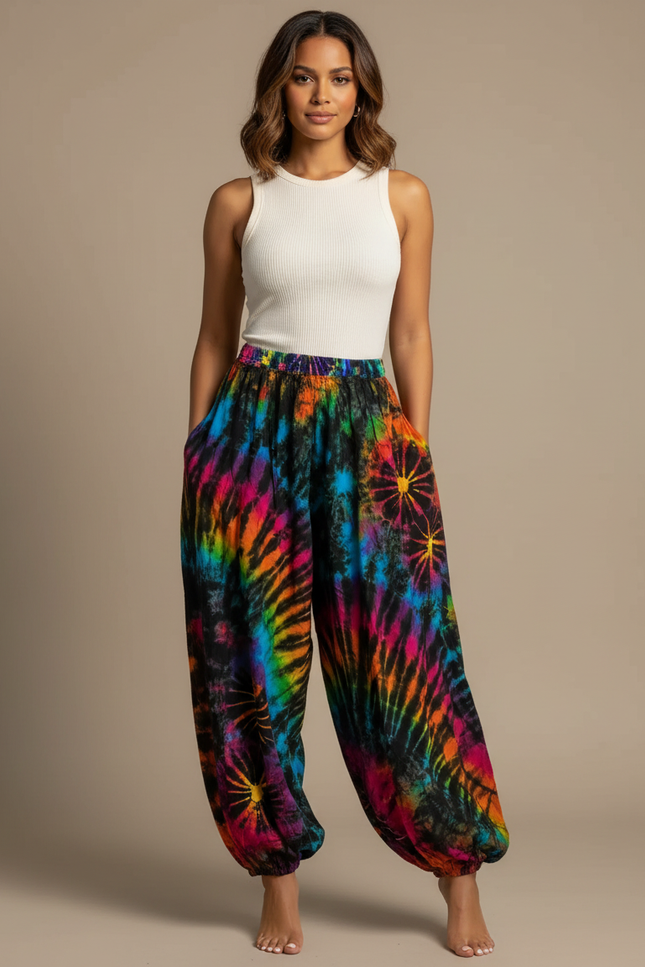 Pantalon Fluide Tie Dye Ample Coloré Bohème Hippie - Multicolore Coton