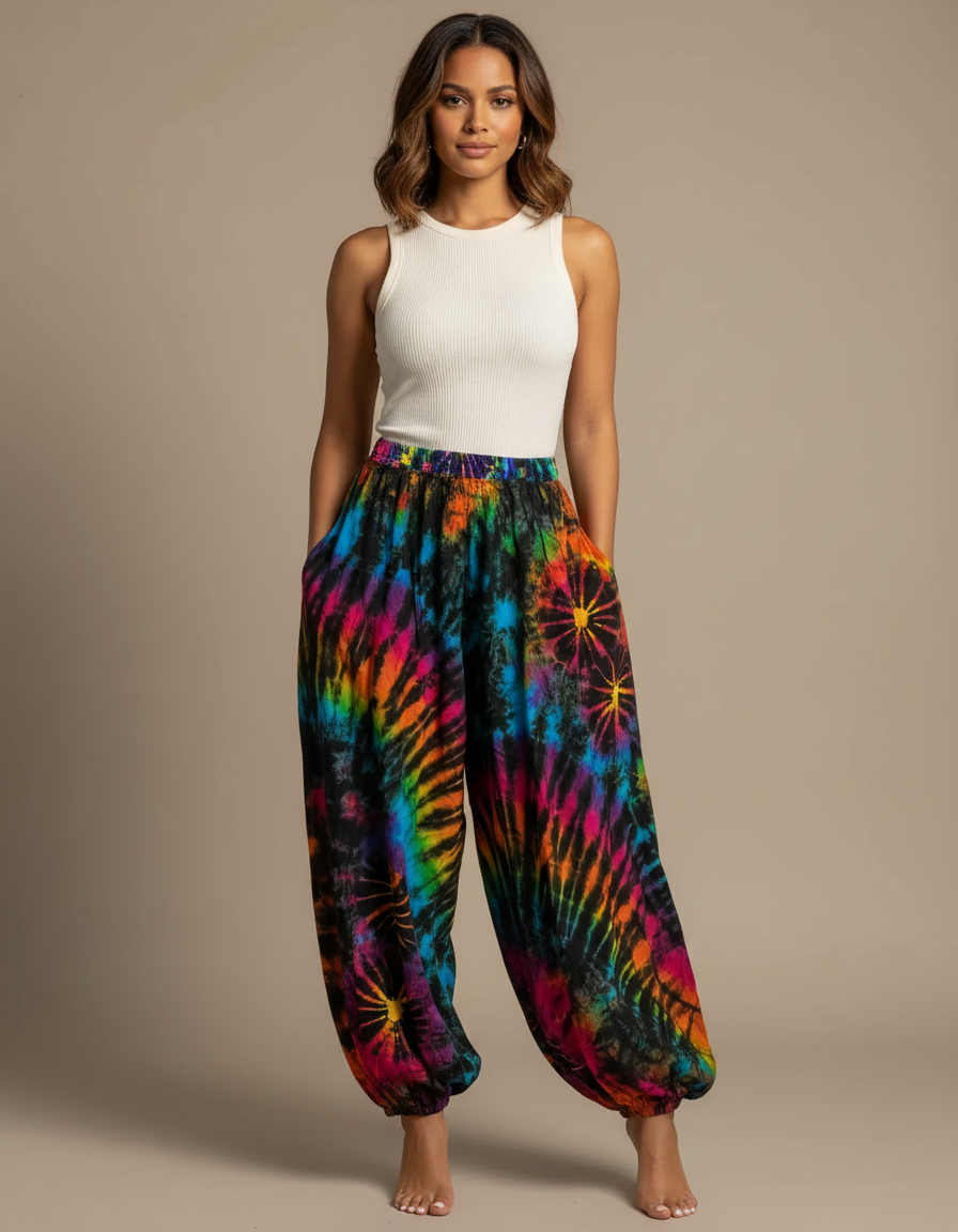 Pantalon Fluide Tie Dye Ample Coloré Bohème Hippie - Multicolore Coton