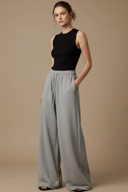 Pantalon Fluide Gris Ample Cordon Sport Décontracté - Molleton