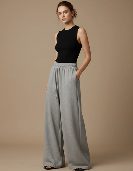 Pantalon Fluide Gris Ample Cordon Sport Décontracté - Molleton