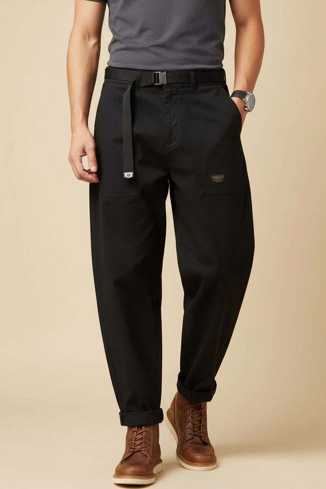 Pantalon Fluide Noir Ample Cargo Homme Ceinture - Gabardine