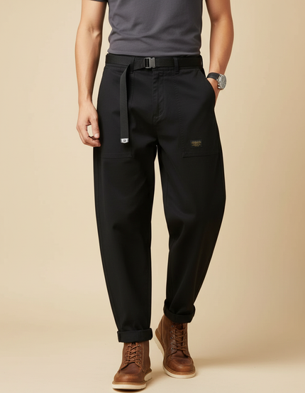 Pantalon Fluide Noir Ample Cargo Homme Ceinture - Gabardine