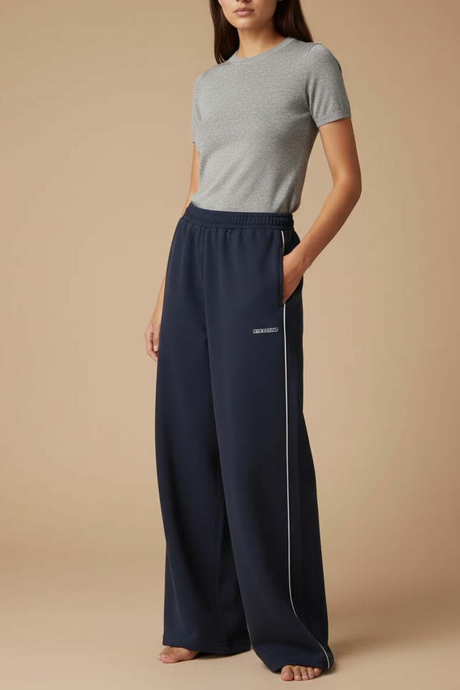 Pantalon Fluide Bleu Marine Ample Rayé Décontracté Brodé - Molleton