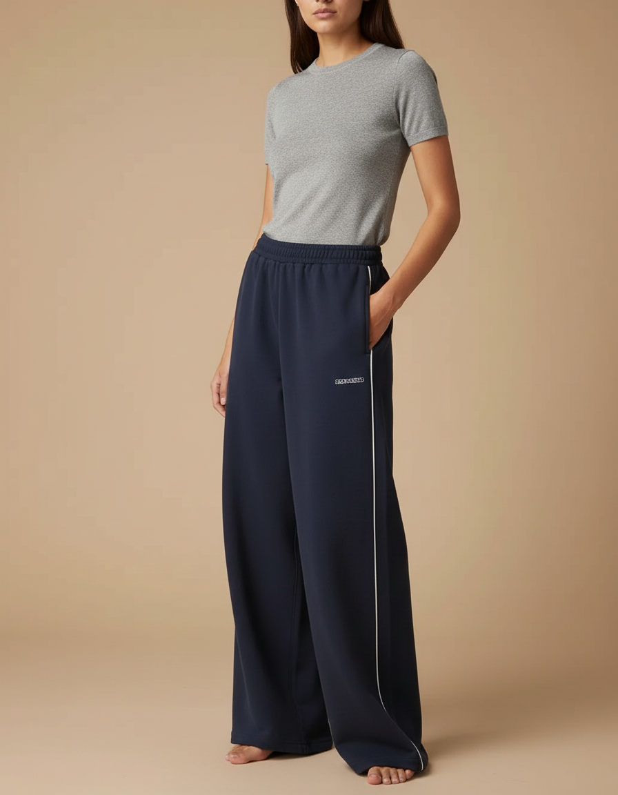 Pantalon Fluide Bleu Marine Ample Rayé Décontracté Brodé - Molleton