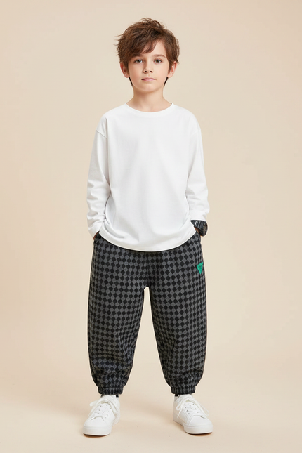 Pantalon Fluide Carreaux Ample Décontracté Garçon Coton - Imprimé Molleton
