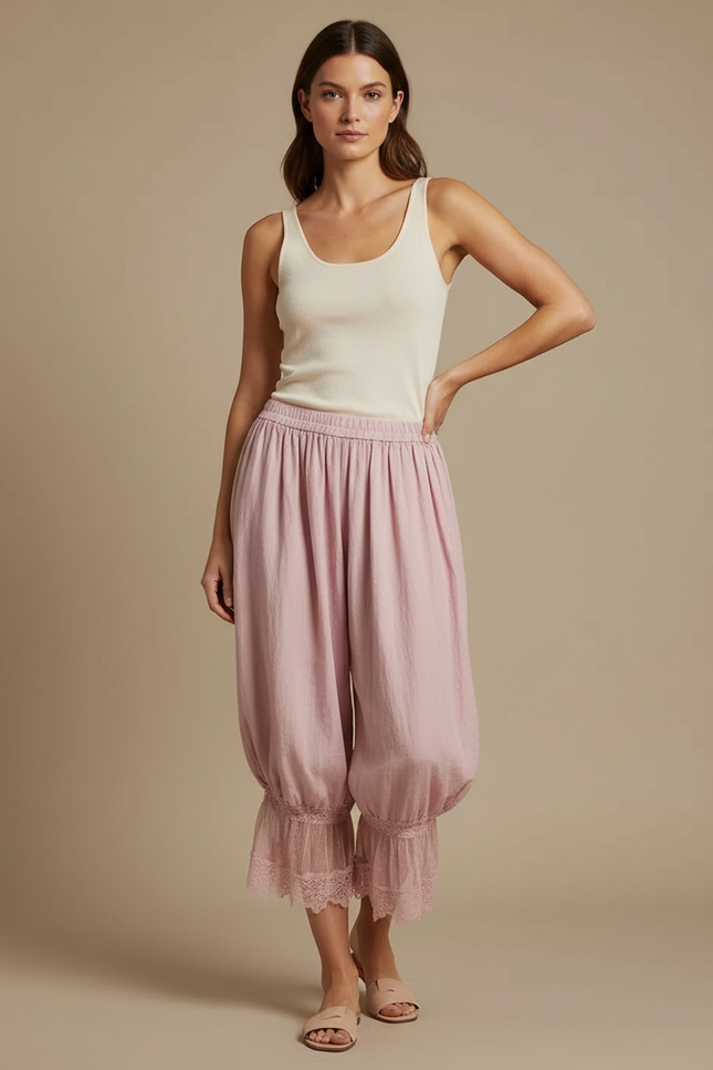 Pantalon Fluide Rose Ample Dentelle Coton Décontracté