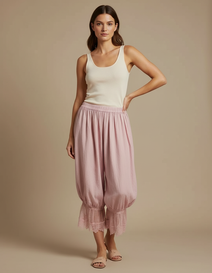 Pantalon Fluide Rose Ample Dentelle Coton Décontracté