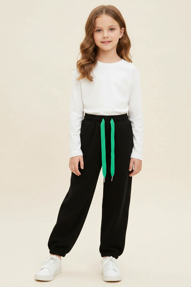 Pantalon Fluide Noir Côtelé Ample Décontracté Enfant - Cordé