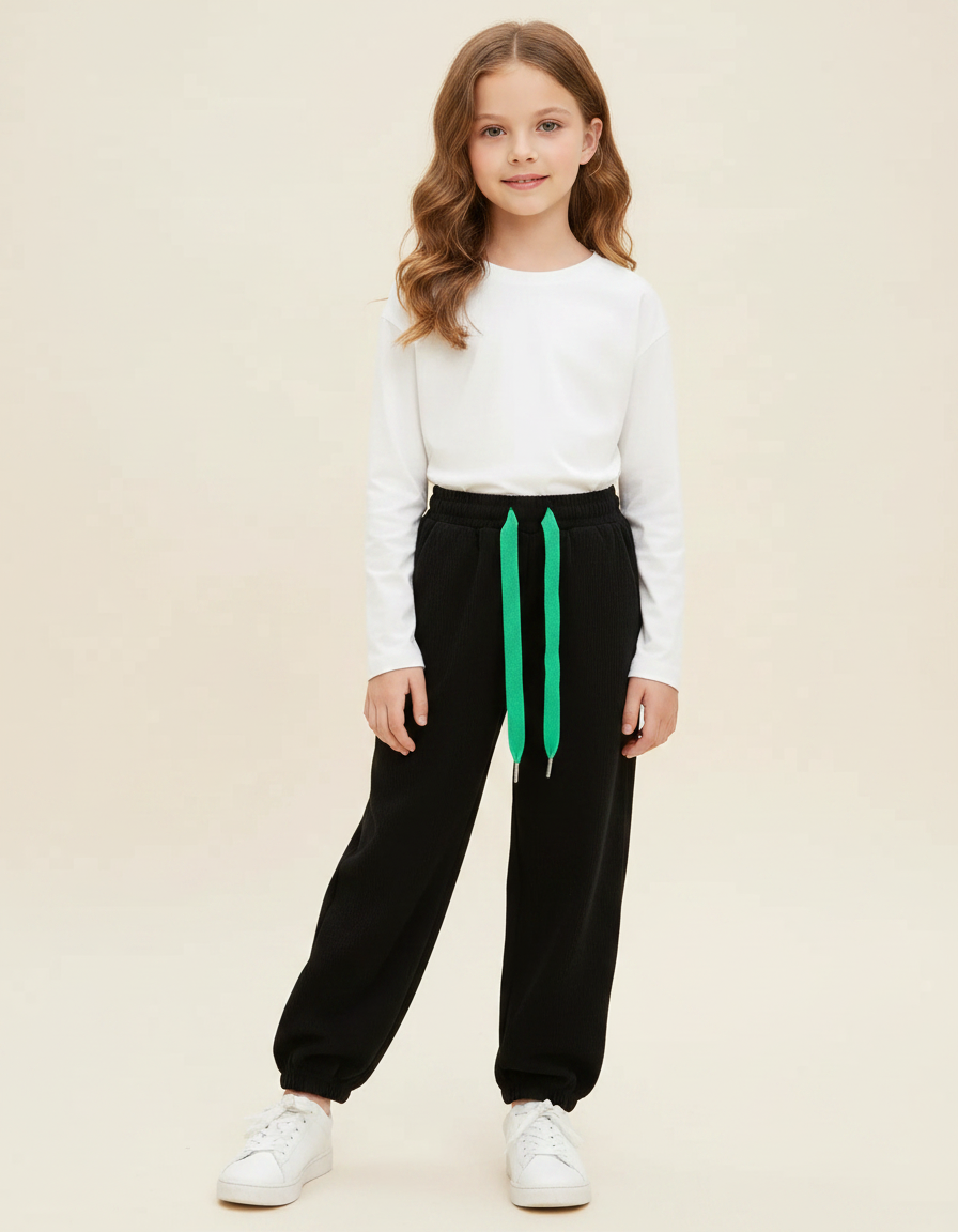 Pantalon Fluide Noir Côtelé Ample Décontracté Enfant - Cordé