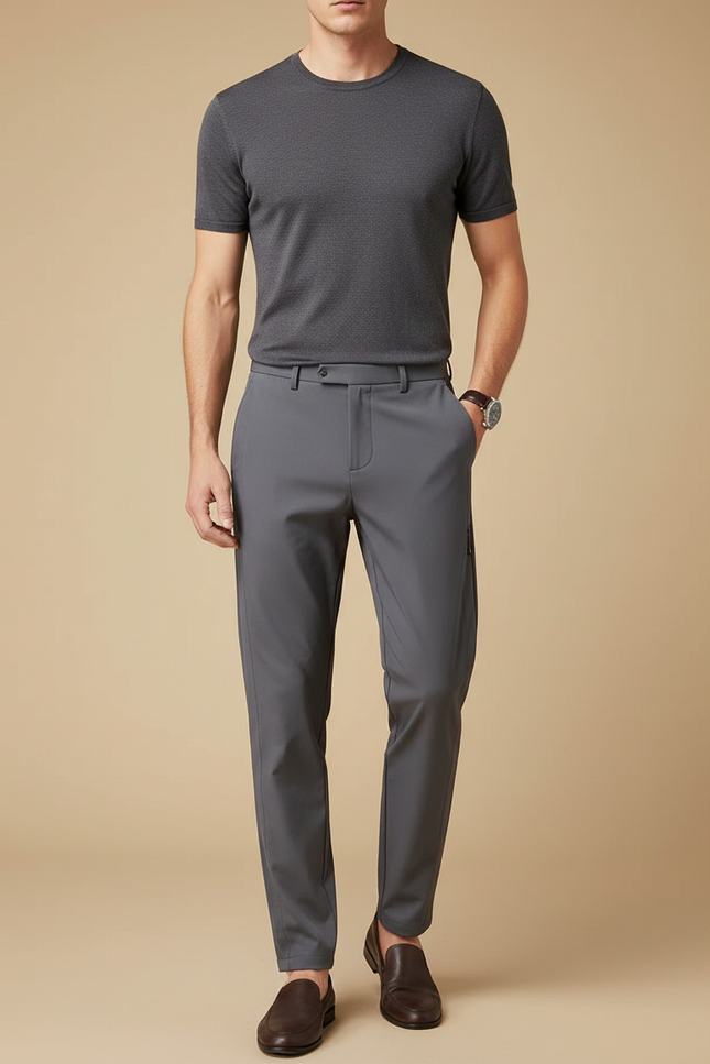Pantalon Fluide Gris Homme Slim Élégant Décontracté - Polyester