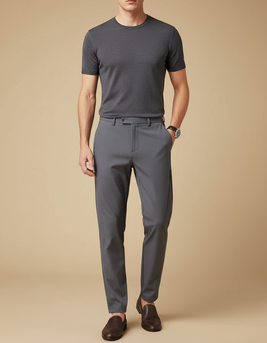 Pantalon Fluide Gris Homme Slim Élégant Décontracté - Polyester