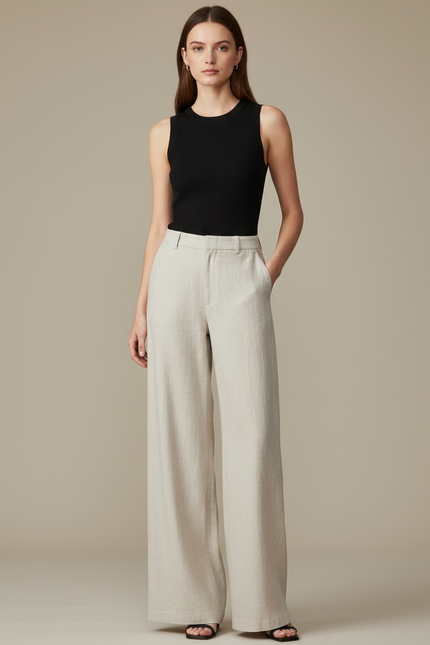Pantalon Fluide Femme Beige Palazzo - Lin
