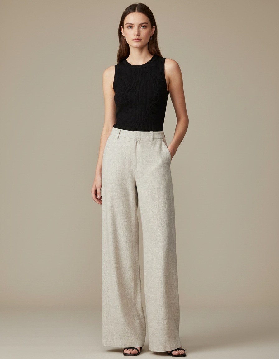 Pantalon Fluide Femme Beige Palazzo - Lin