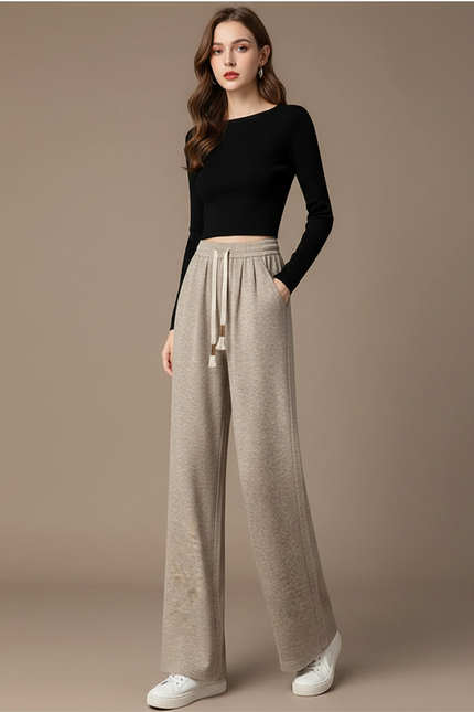 Pantalon Fluide Beige Coton Ample Décontracté Confortable - Molleton