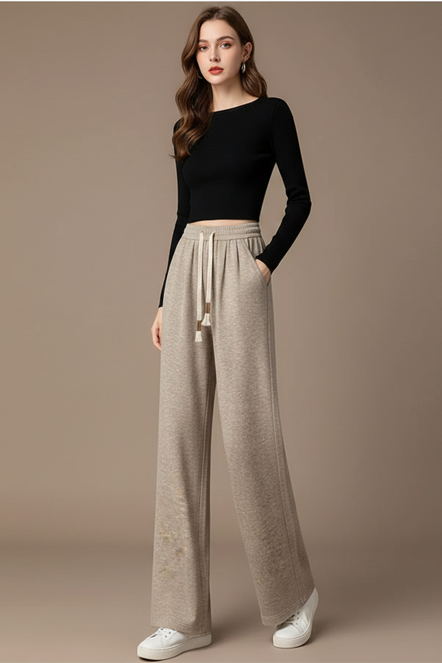 Pantalon Fluide Beige Coton Ample Décontracté Confortable - Molleton