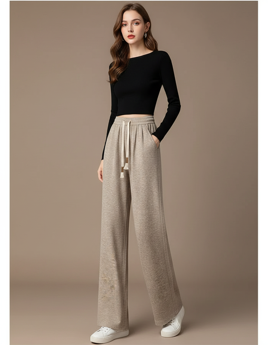 Pantalon Fluide Beige Coton Ample Décontracté Confortable - Molleton