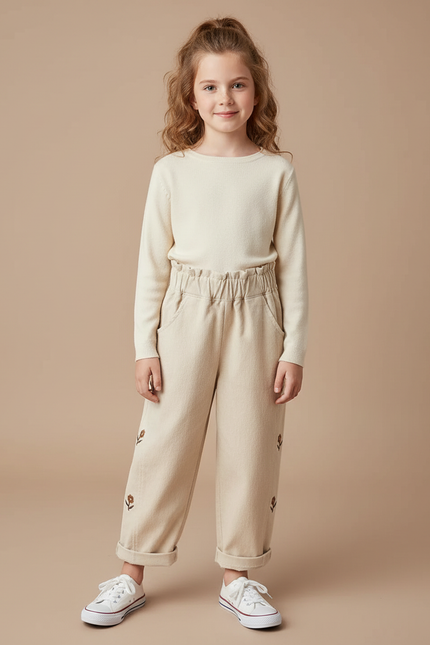 Pantalon Fluide Beige Coton Ample Brodé Fille