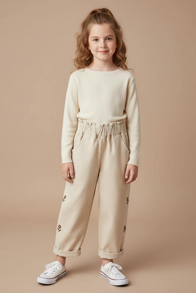 Pantalon Fluide Beige Coton Ample Brodé Fille