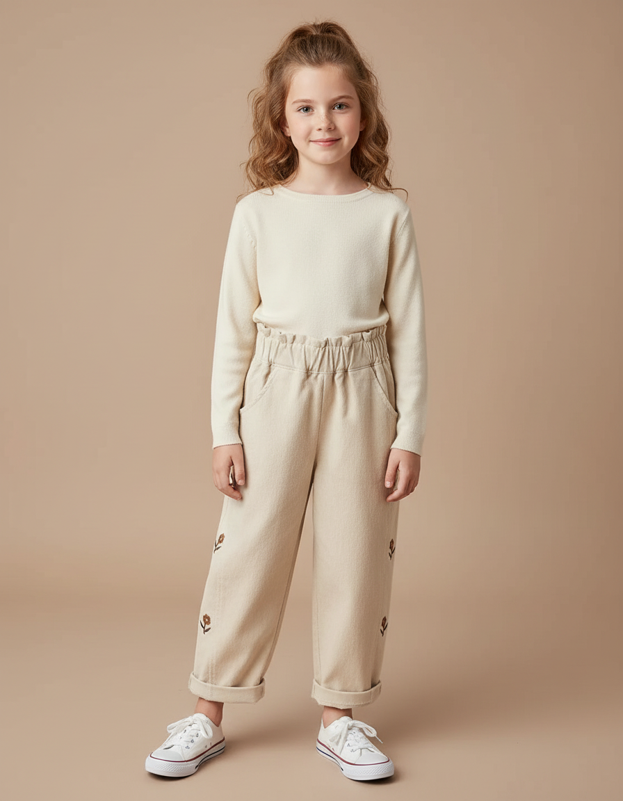 Pantalon Fluide Beige Coton Ample Brodé Fille