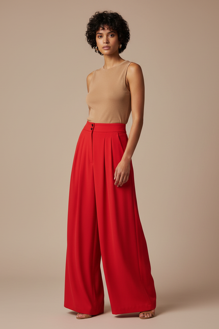Pantalon Fluide Rouge Ample Plissé Taille Haute Élégant - Polyester