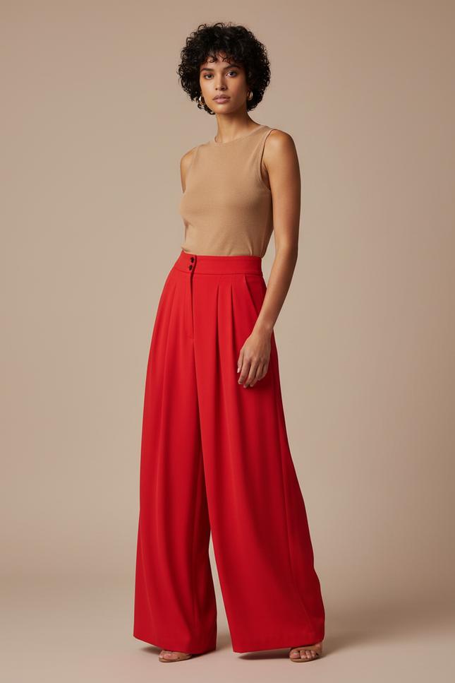 Pantalon Fluide Rouge Ample Plissé Taille Haute Élégant - Polyester
