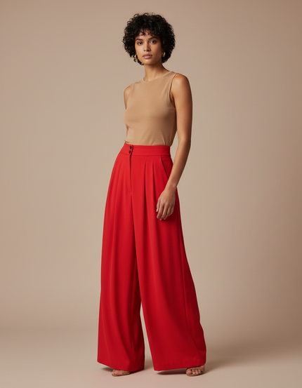 Pantalon Fluide Rouge Ample Plissé Taille Haute Élégant - Polyester