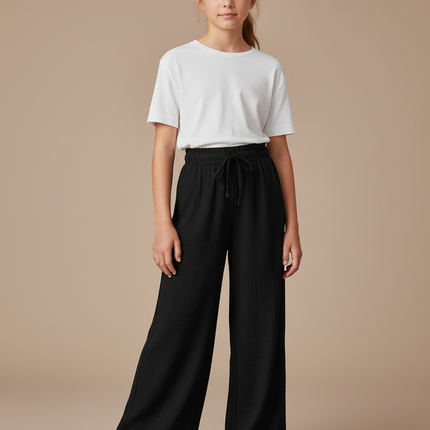 Pantalon Fluide Noir Ample Texturé Fille Décontracté - Viscose
