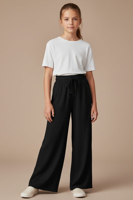 Pantalon Fluide Noir Ample Texturé Fille Décontracté - Viscose