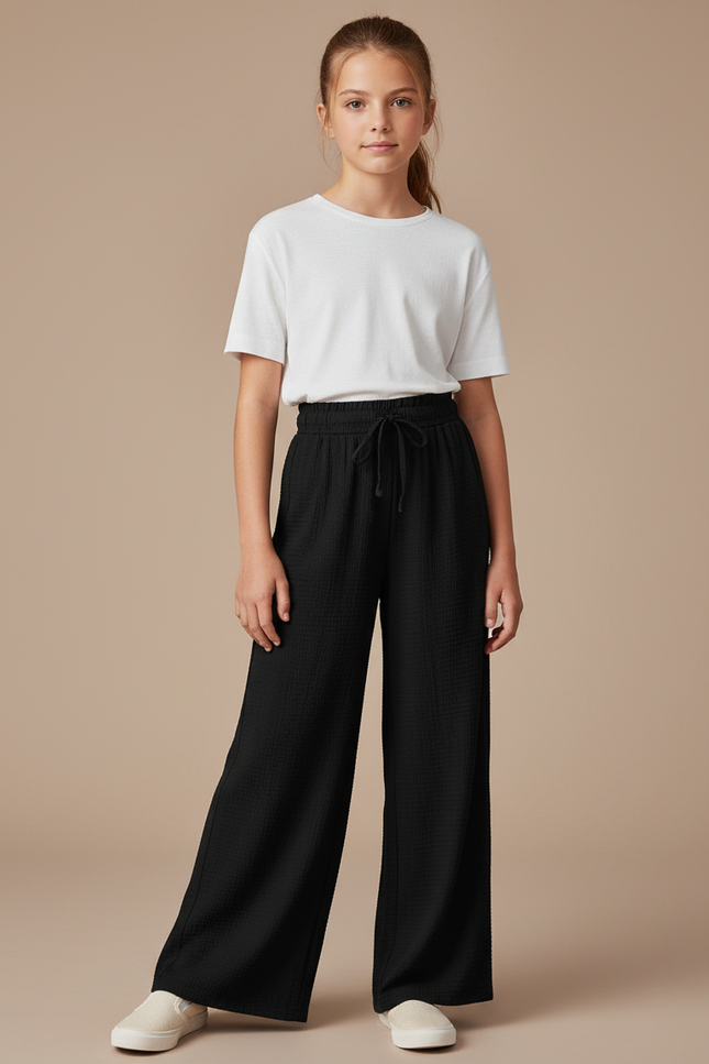 Pantalon Fluide Noir Ample Texturé Fille Décontracté - Viscose
