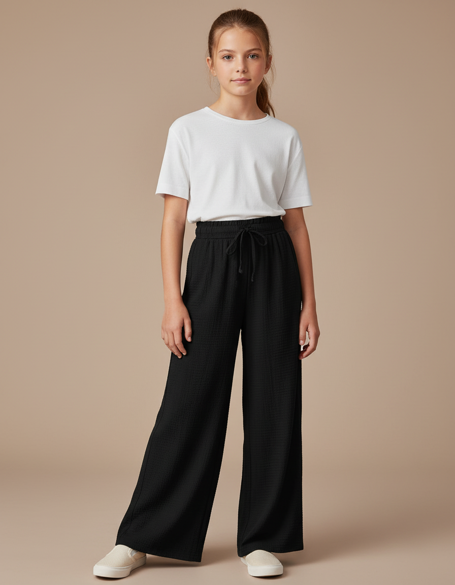 Pantalon Fluide Noir Ample Texturé Fille Décontracté - Viscose