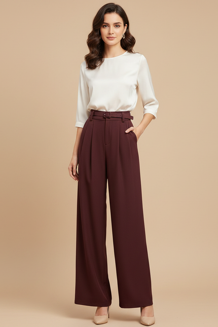 Pantalon Fluide Bordeaux Taille Haute Ample Plissé Élégant - Polyester