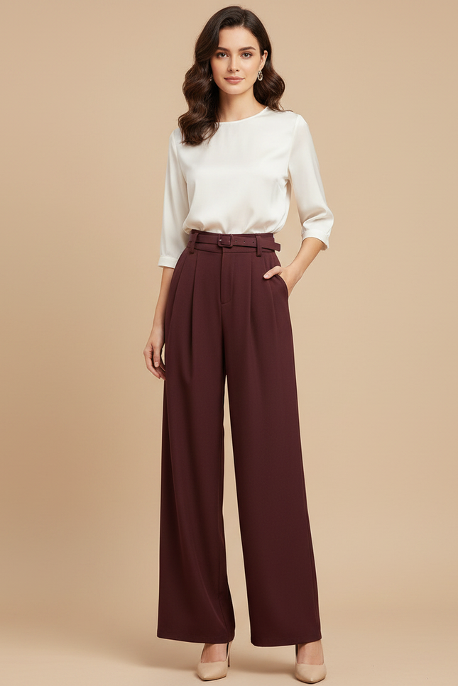 Pantalon Fluide Bordeaux Taille Haute Ample Plissé Élégant - Polyester
