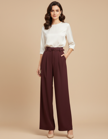 Pantalon Fluide Bordeaux Taille Haute Ample Plissé Élégant - Polyester