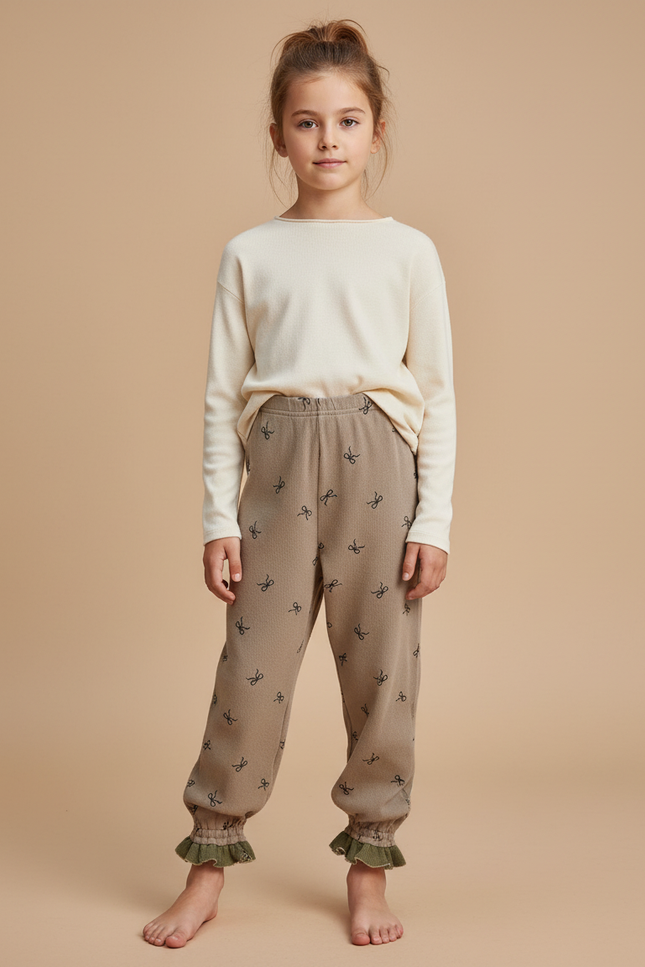Pantalon Fluide Marron Coton Motif Nœuds Volants Enfants - Molleton