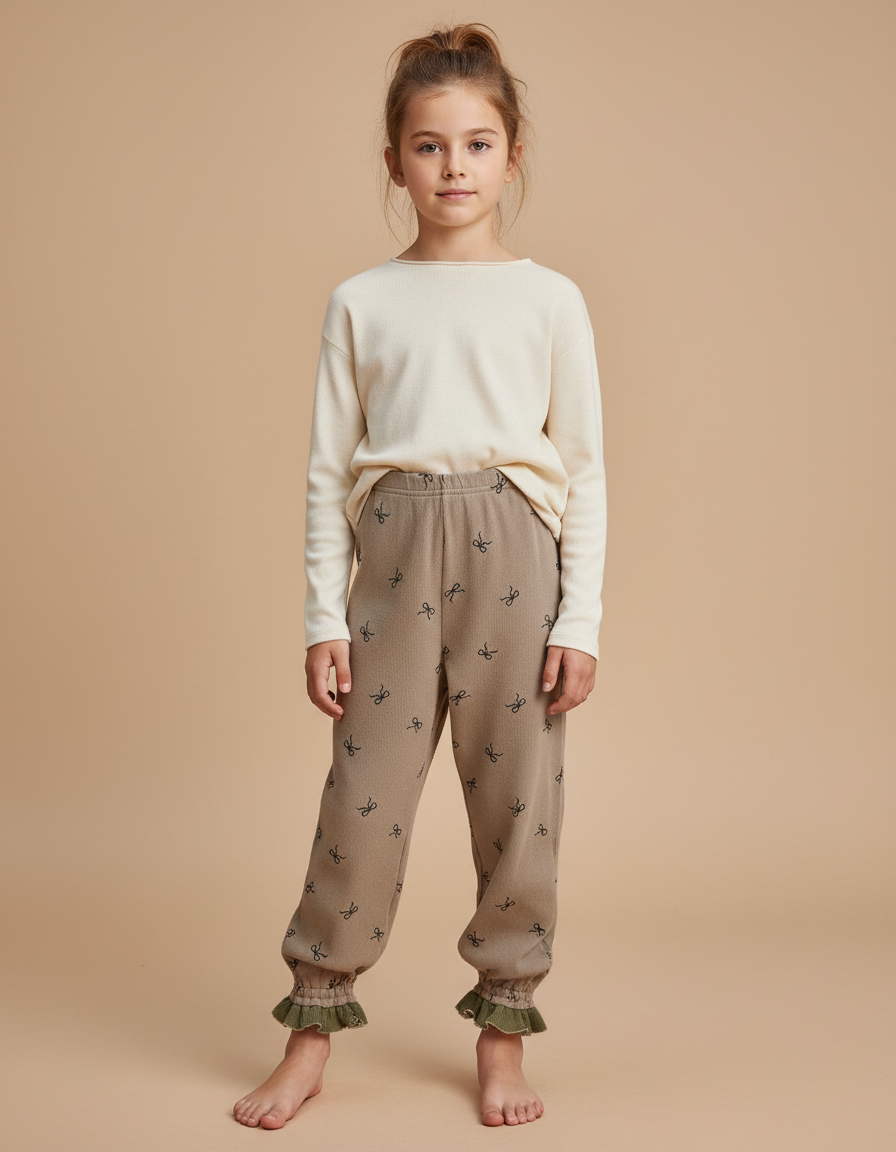 Pantalon Fluide Marron Coton Motif Nœuds Volants Enfants - Molleton