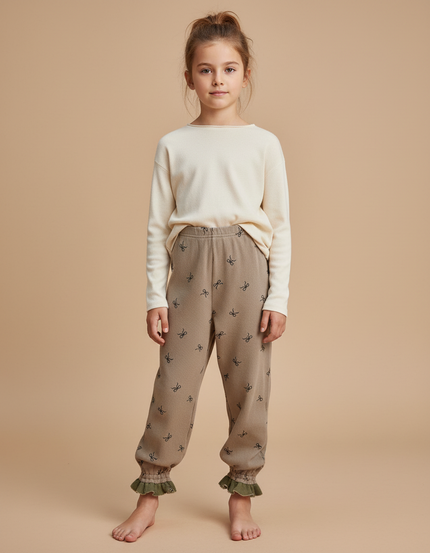 Pantalon Fluide Marron Coton Motif Nœuds Volants Enfants - Molleton