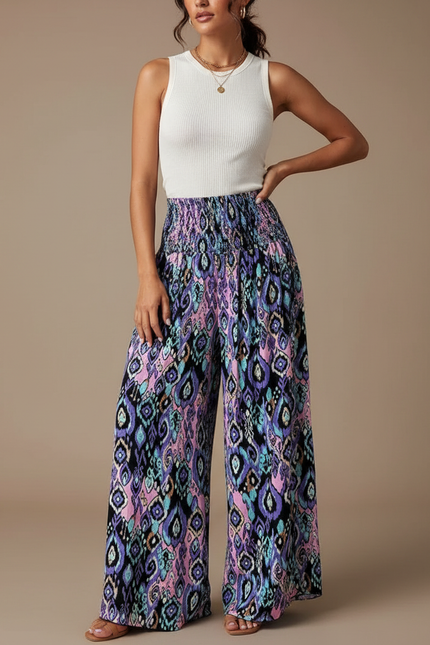 Pantalon Fluide Imprimé Ethnique Ample Bohème Femme - Multicolore Viscose