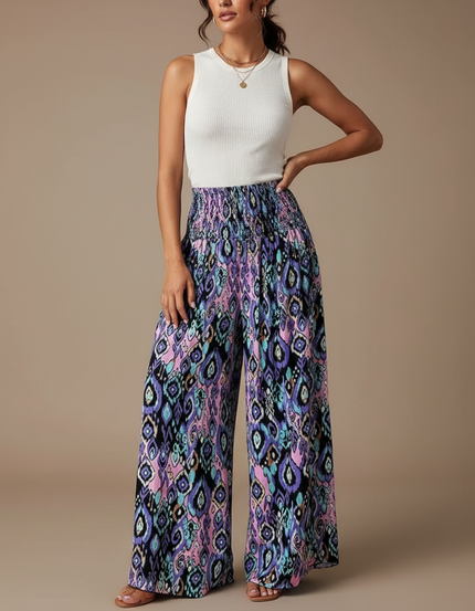 Pantalon Fluide Imprimé Ethnique Ample Bohème Femme - Multicolore Viscose