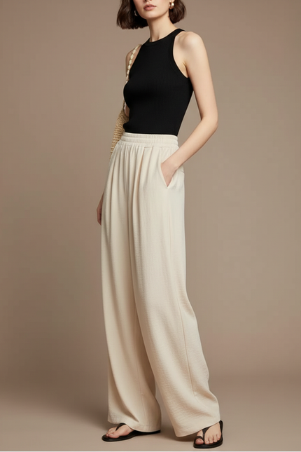 Pantalon Fluide Beige Ample Décontracté Plissé Élégant - Viscose