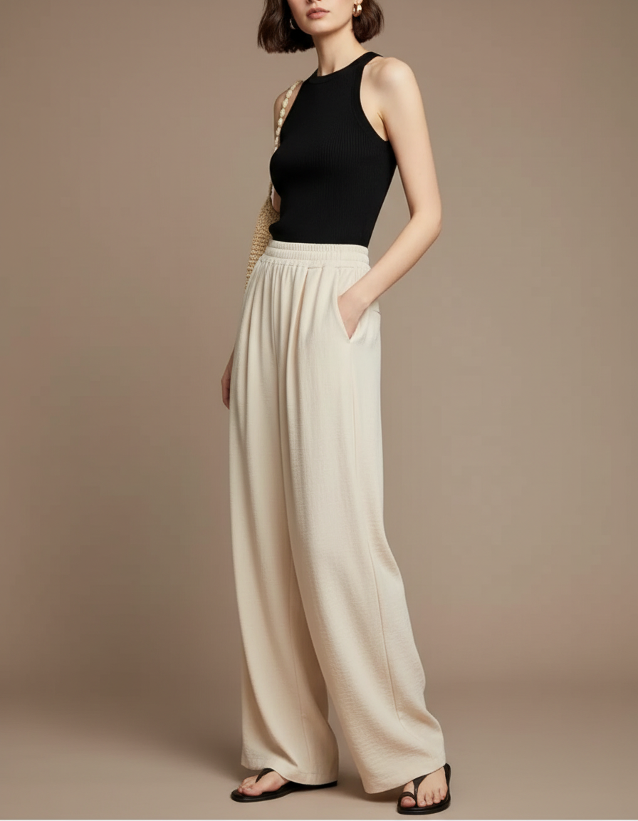 Pantalon Fluide Beige Ample Décontracté Plissé Élégant - Viscose