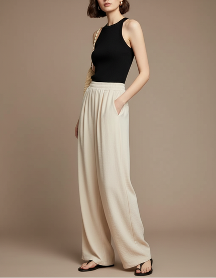 Pantalon Fluide Beige Ample Décontracté Plissé Élégant - Viscose