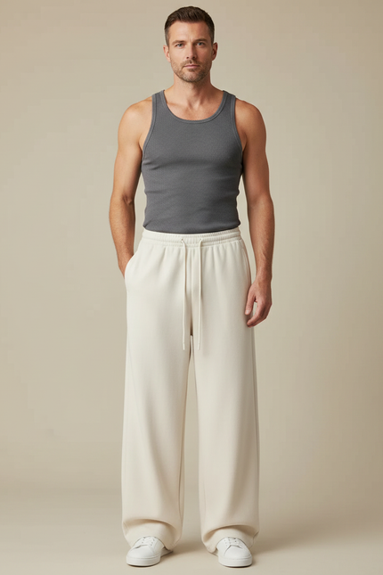 Pantalon Fluide Écru Ample Coton Décontracté Homme - Beige Molleton