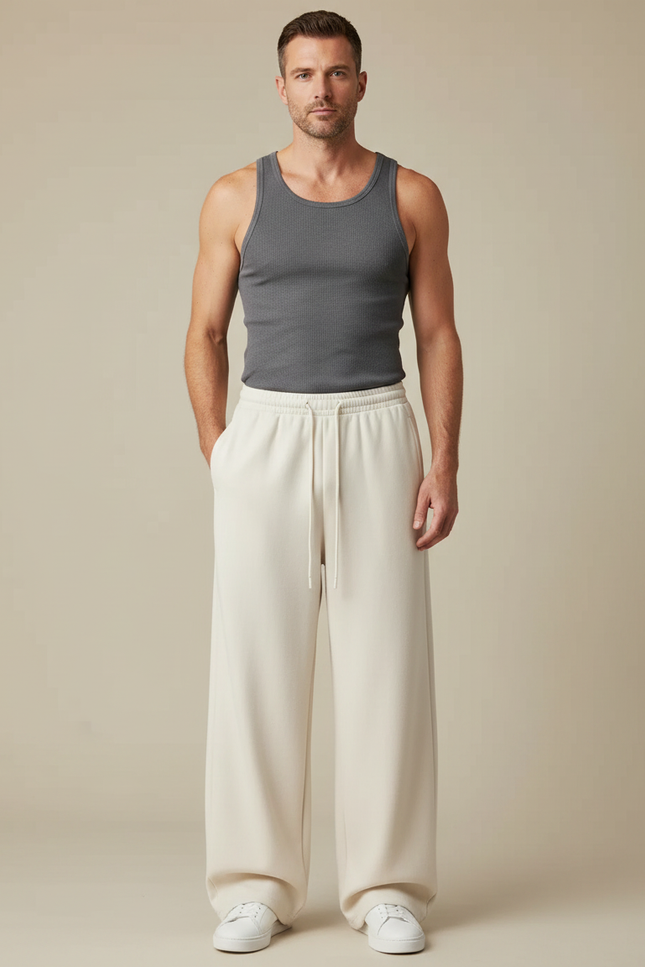 Pantalon Fluide Écru Ample Coton Décontracté Homme - Beige Molleton