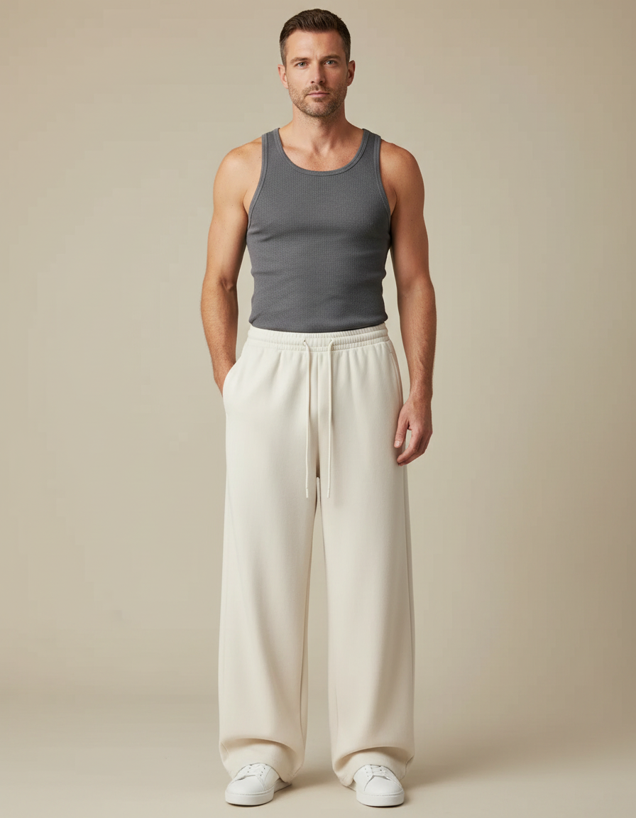 Pantalon Fluide Écru Ample Coton Décontracté Homme - Beige Molleton