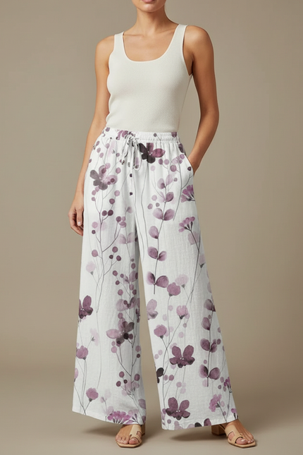 Pantalon Fluide Blanc Imprimé Floral Ample Lin Décontracté
