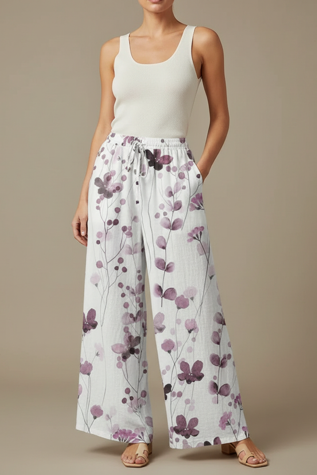 Pantalon Fluide Blanc Imprimé Floral Ample Lin Décontracté