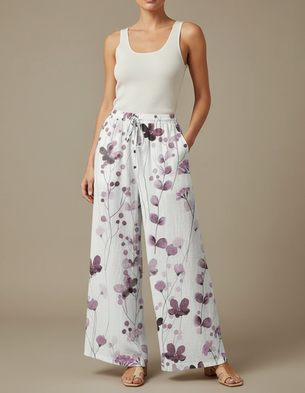 Pantalon Fluide Blanc Imprimé Floral Ample Lin Décontracté